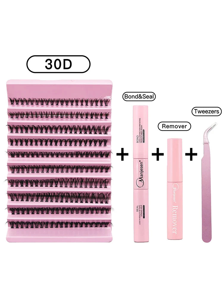 MAN-JE-SEN Kit d'extension de cils pour le bricolage – 200PCS Clusters de lash avec lash bond & Seal, Outils de maquillage professionnels pour coller les cils