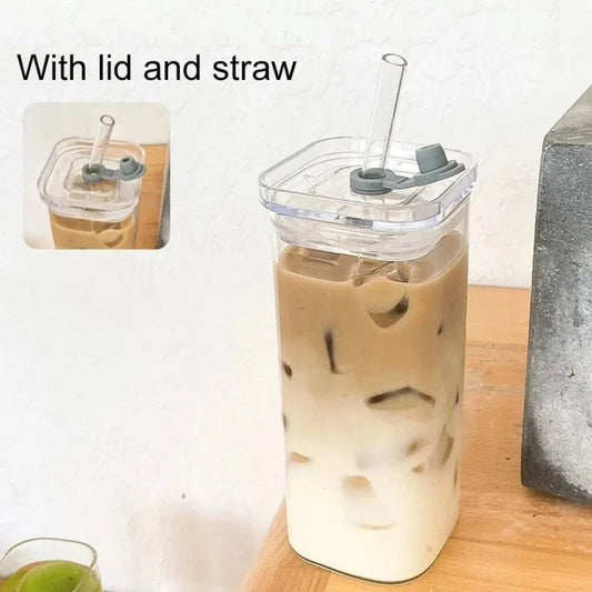 1pcs carré coupe en verre de café résistant à la chaleur avec couvercle et paille – lait transparent, thé et tasse de jus pour la maison ou le bar