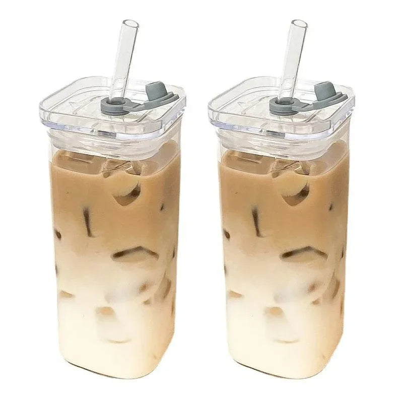 1pcs Square Heat-Resistant Coffee Glass Cup with Lid and Straw – Transparent Milk, Tea & Juice Mug for Home or Bar Drinkware