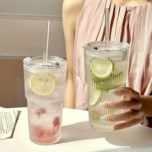 1/2pcs 600ml Coupe en verre rayé avec couvercle et paille – jus transparent, eau et verre à café glacé