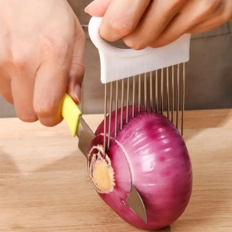 304 Stainless Steel Onion Slicer Holder – Vegetable Cutting Fork & Food Slicing Guide for Onions, Tomatoes, Potatoes & Meat