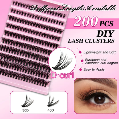 MAN-JE-SEN Kit d'extension de cils pour le bricolage – 200PCS Clusters de lash avec lash bond & Seal, Outils de maquillage professionnels pour coller les cils