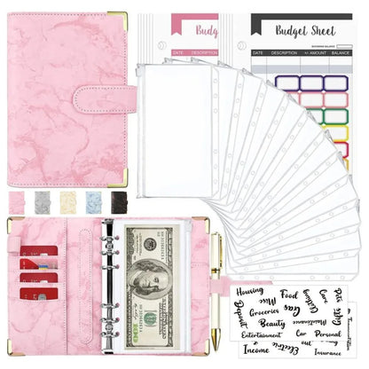 A6 PU Leather Budget Planner – Marble Notebook & Money Saving Organizer for Office, School & Personal Finance