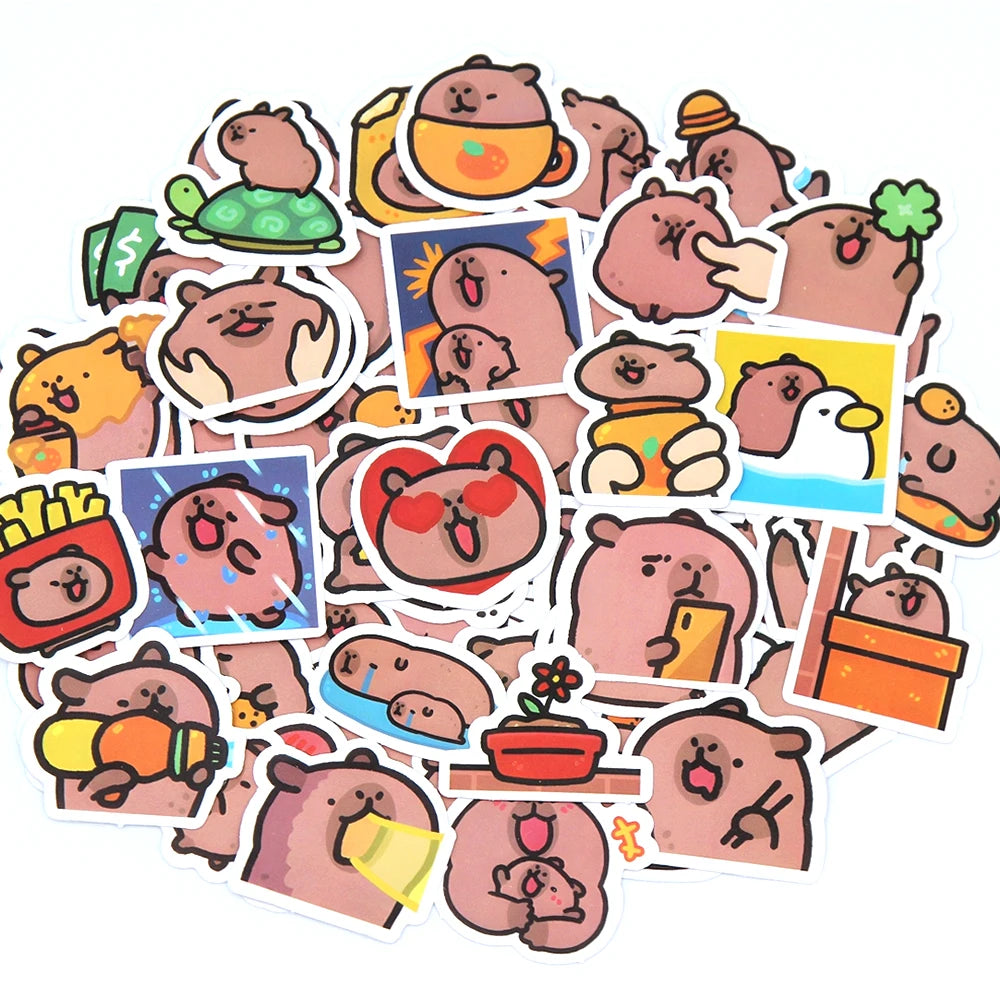 Stickers Capybaras 10/50/100pcs – Découpes de dessins animés mignons pour ordinateur portable, téléphone, voiture, vélo et bricolage enfants