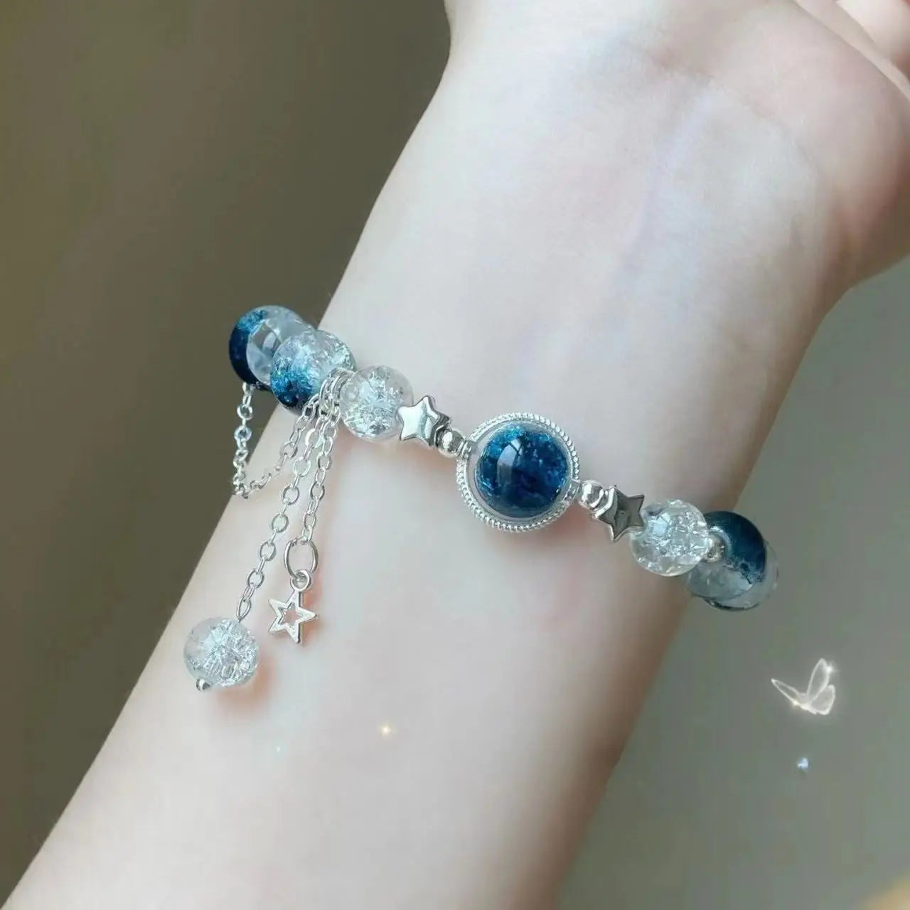 Niche Design Star Chain Tassel Armband Fantasy Blue Crystal Kralen Elastische Touw Armband voor Vrouwen