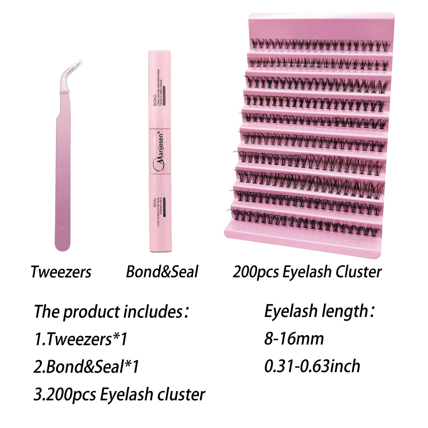 MAN-JE-SEN Kit d'extension de cils pour le bricolage – 200PCS Clusters de lash avec lash bond & Seal, Outils de maquillage professionnels pour coller les cils