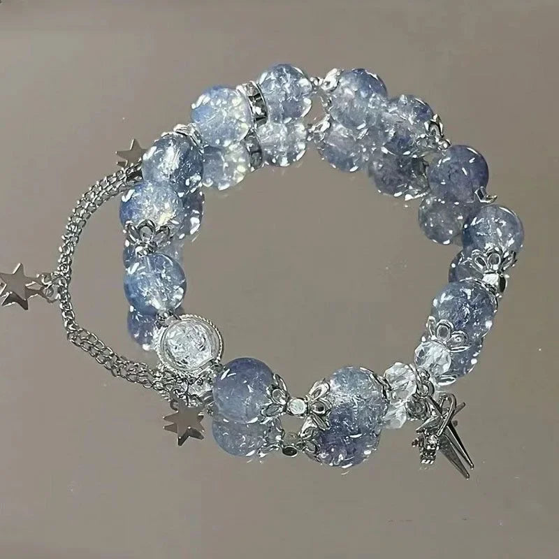 Niche Design Star Chain Tassel Armband Fantasy Blue Crystal Kralen Elastische Touw Armband voor Vrouwen