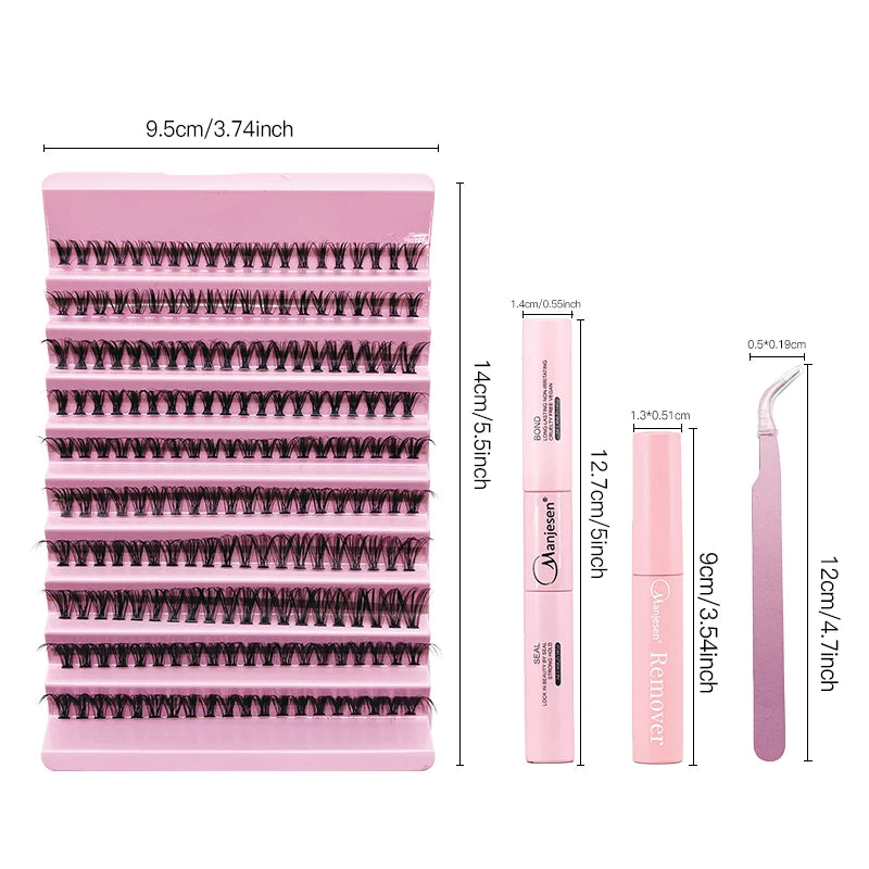 MAN-JE-SEN Kit d'extension de cils pour le bricolage – 200PCS Clusters de lash avec lash bond & Seal, Outils de maquillage professionnels pour coller les cils
