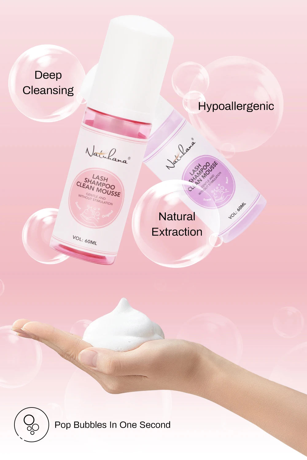 Natuhana 60ml wimperextension Shampoo Mousse, Lash Cleaning Foam voor vals wimpers, zacht & niet-irriterend make-up gereedschap