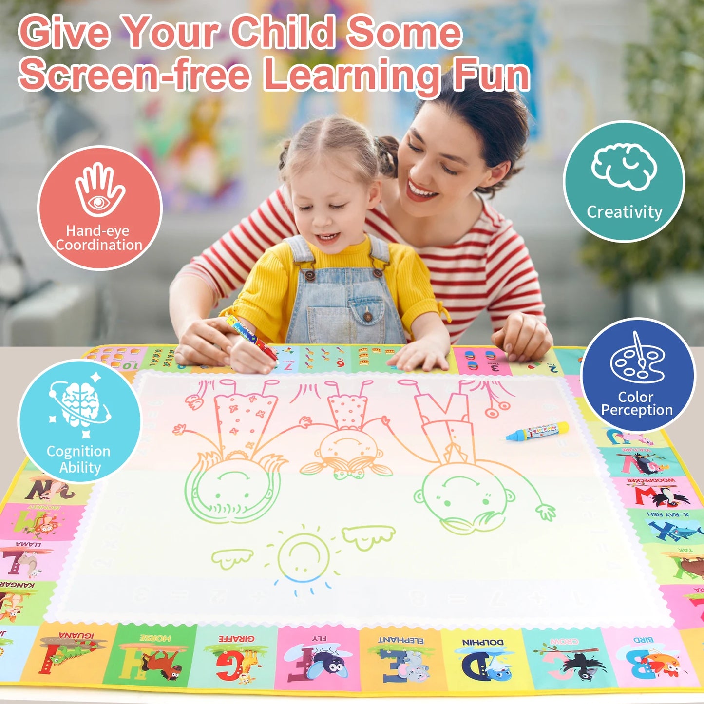 100x80CM Montessori Magic Drawing Board &amp; Reusable Water Doodle Mat voor kinderen Educatieve Kunst & Pen Control Training