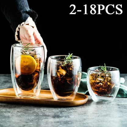 2-18PCS Double mur haute tasses en verre Borosilicate – Thé résistant à la chaleur, café, lait, et tasses de jus, Creative Bar Drinkware