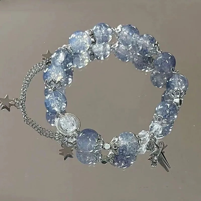 Niche Design Star Chain Tassel Armband Fantasy Blue Crystal Kralen Elastische Touw Armband voor Vrouwen